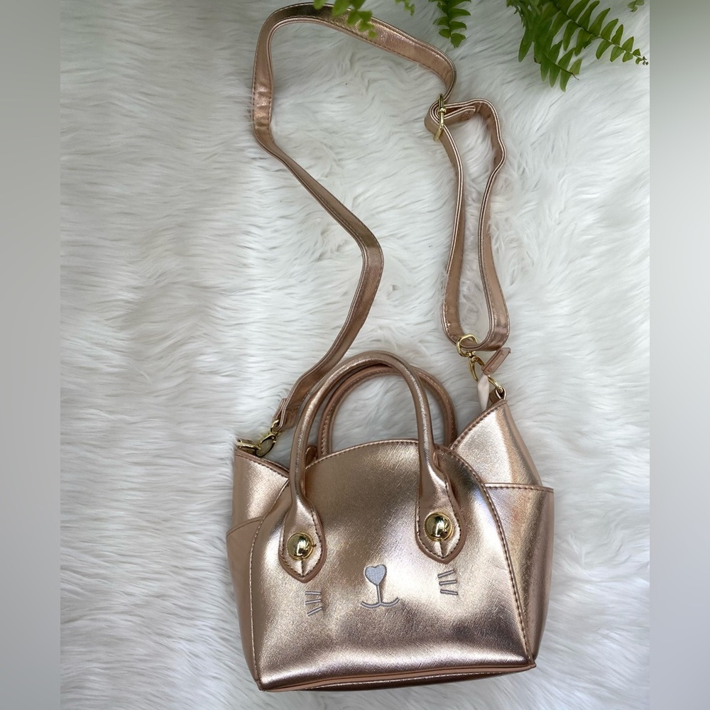 Luv Betsey Johnson Katt Cat Face Satchel Crossbody Bag Purse Rose Gold Saffiano - Picture 5 of 11